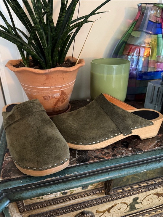 Swedish Hasbeens Shoes - Swedish Hasbeens Olive Green Suede Clogs